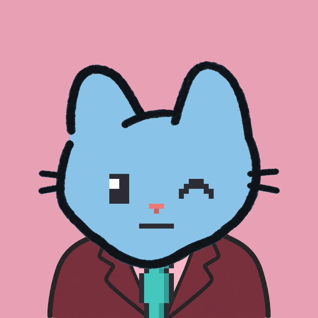 Employee #2414 — a sky cat, in a burgundy suit, with a teal tie, on rose