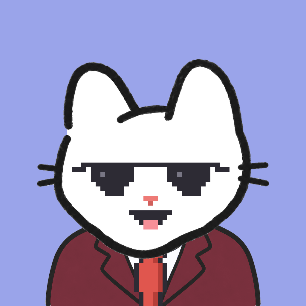 Employee #2415 — a white cat, in a burgundy suit, with a red tie, wearing shades glasses, on periwinkle