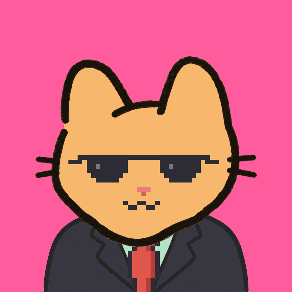 Employee #2416 — a tabby cat, in a black suit, with a red tie, wearing shades glasses, on hot pink