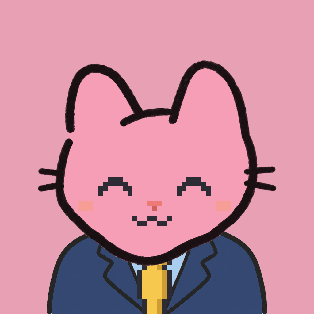 Employee #2417 — a pink cat, in a navy suit, with a gold tie, on rose