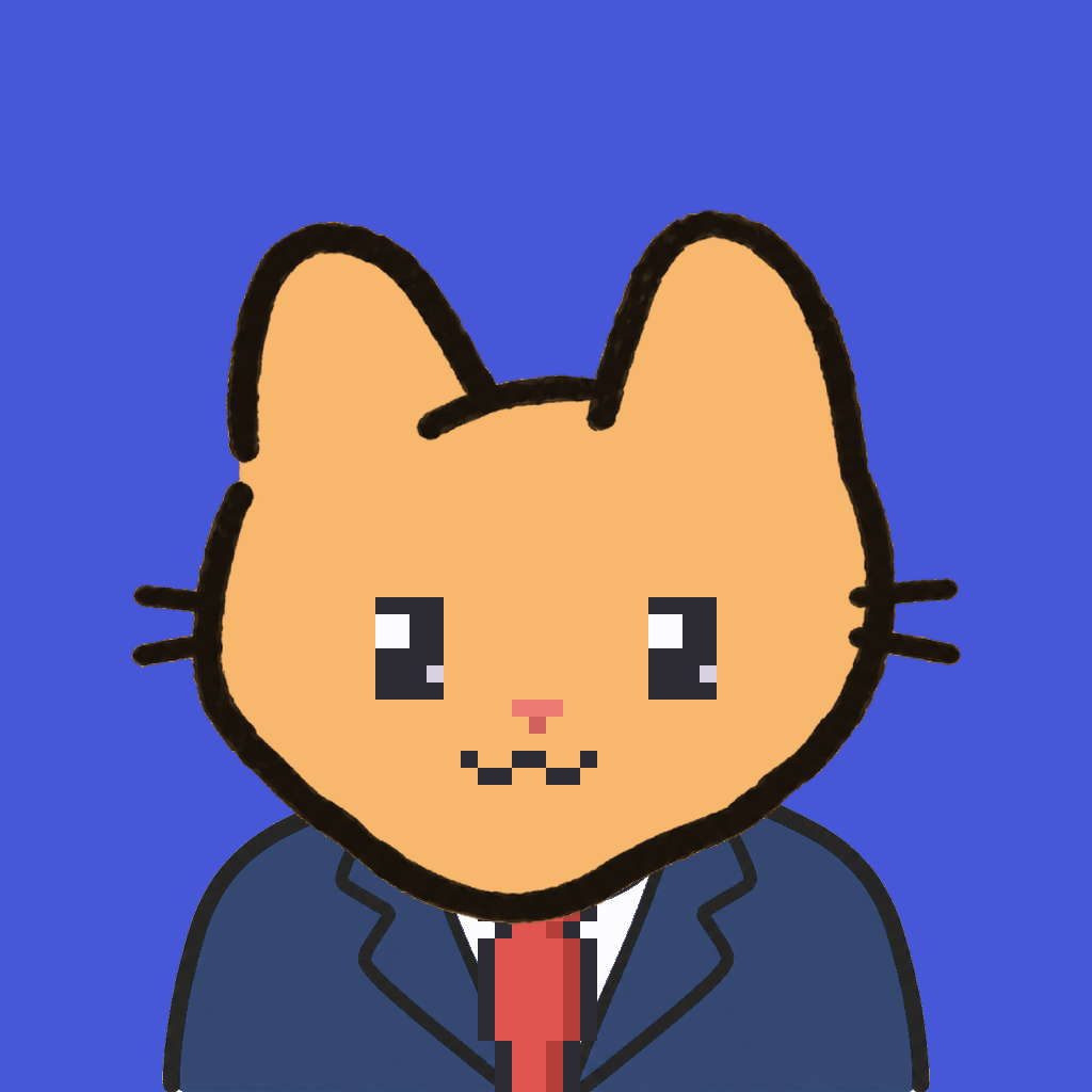 Employee #2418 — a tabby cat, in a navy suit, with a red tie, on royal