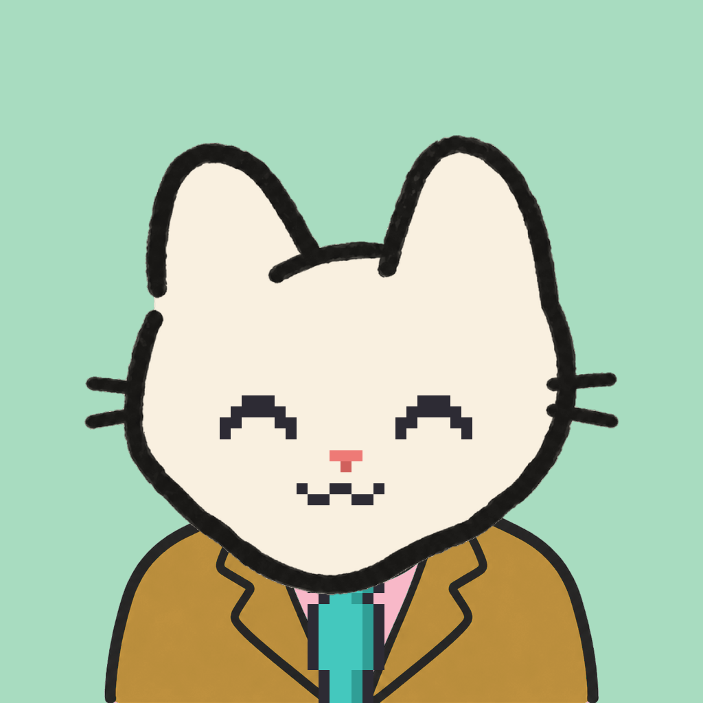 Employee #2419 — a cream cat, in a mustard suit, with a teal tie, on mint
