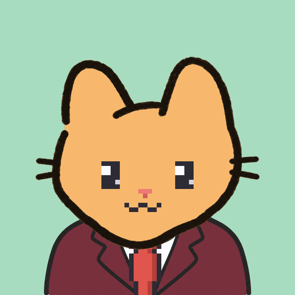 Employee #0242 — a tabby cat, in a burgundy suit, with a red tie, on mint