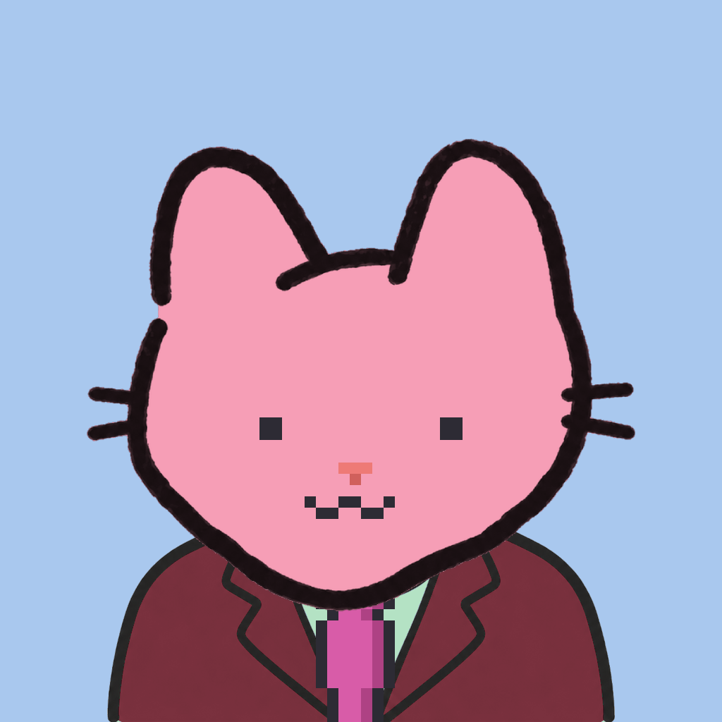 Employee #2420 — a pink cat, in a burgundy suit, with a magenta tie, on sky