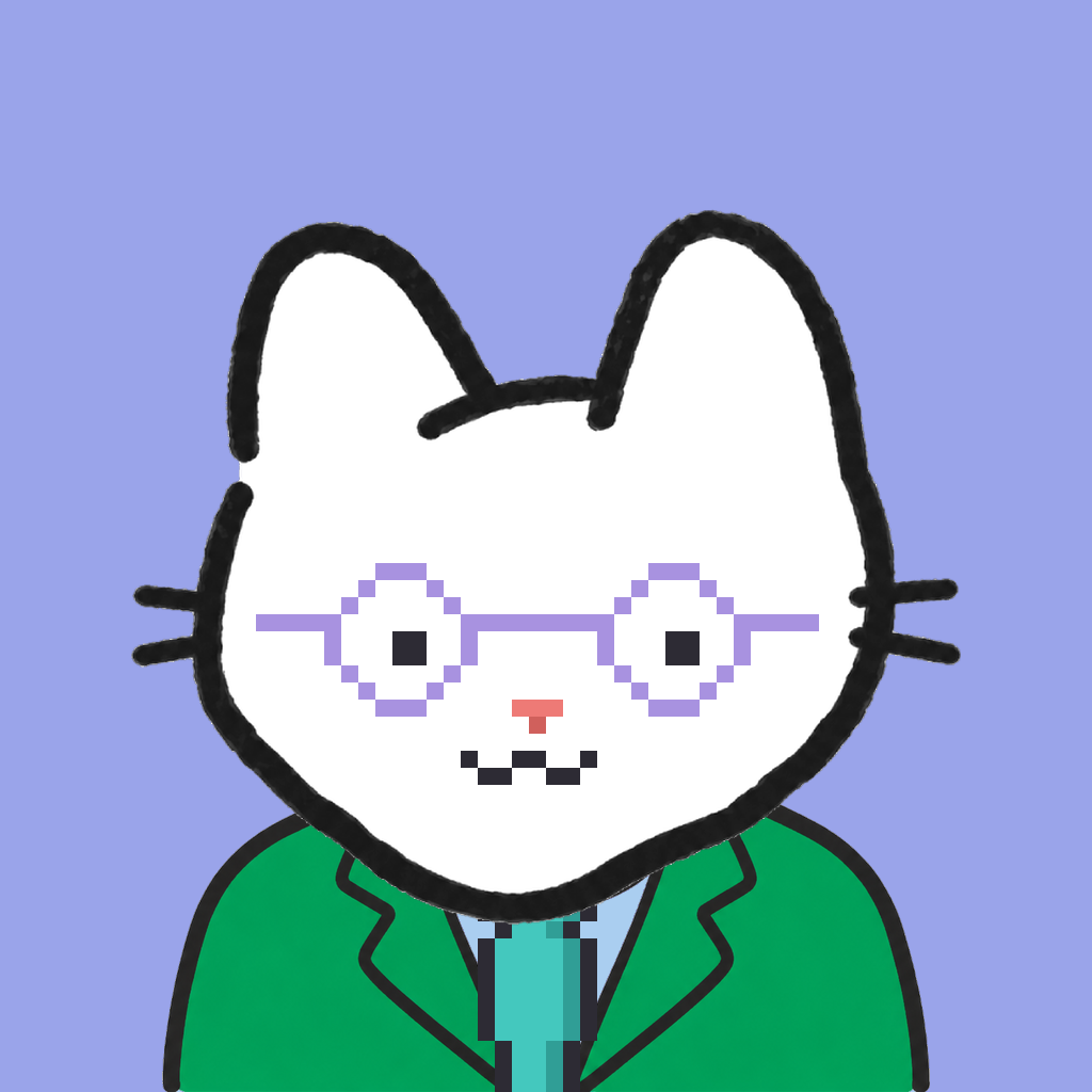 Employee #2421 — a white cat, in a green suit, with a teal tie, wearing round-lavender glasses, on periwinkle