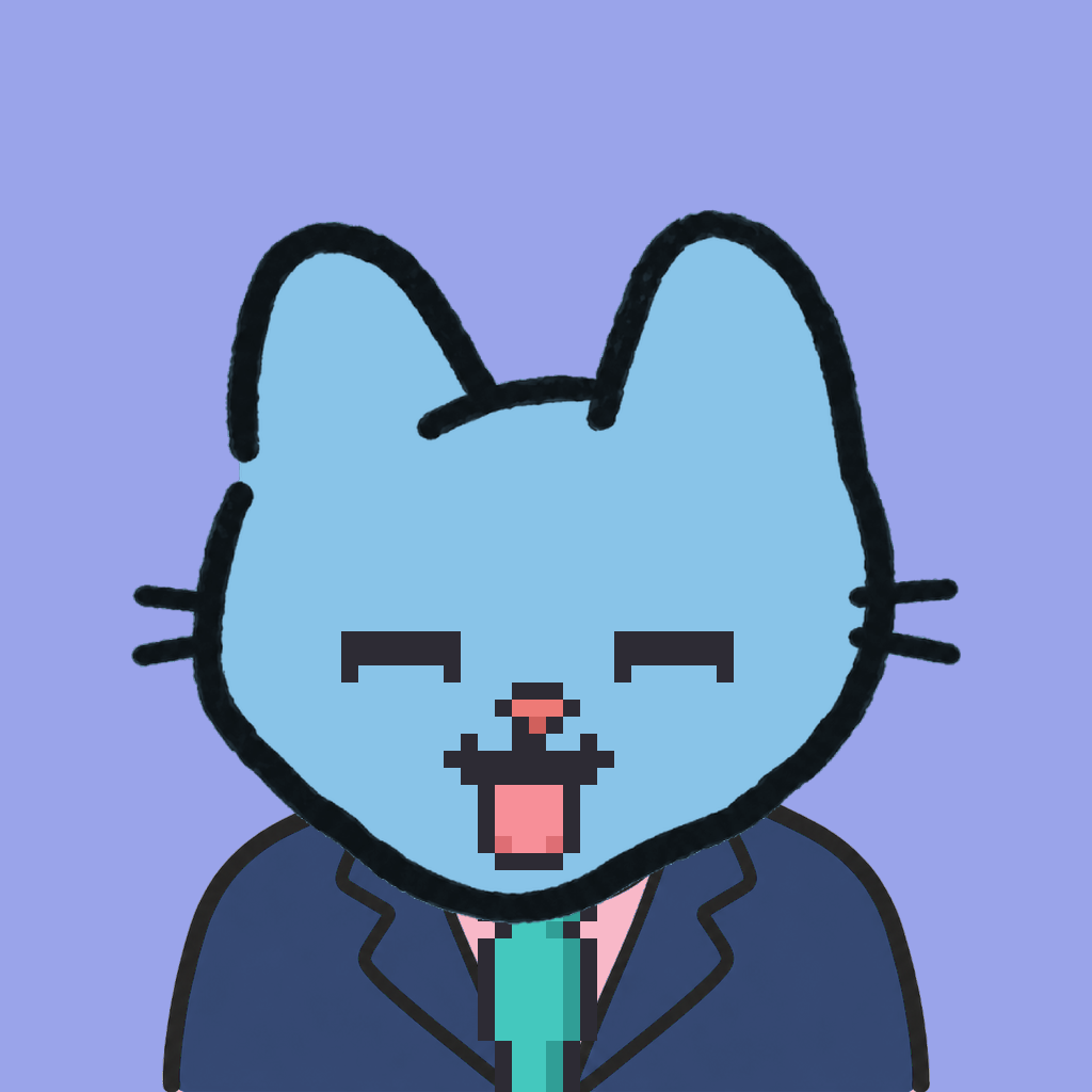 Employee #2422 — a sky cat, in a navy suit, with a teal tie, on periwinkle