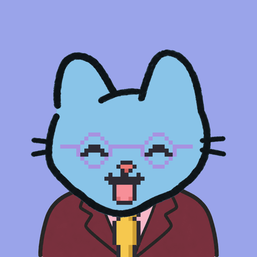 Employee #2423 — a sky cat, in a burgundy suit, with a gold tie, wearing round-lavender glasses, on periwinkle