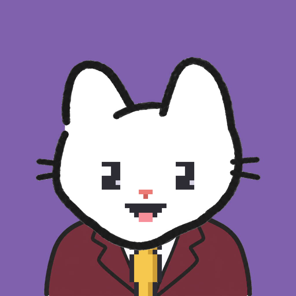 Employee #2424 — a white cat, in a burgundy suit, with a gold tie, on plasma violet