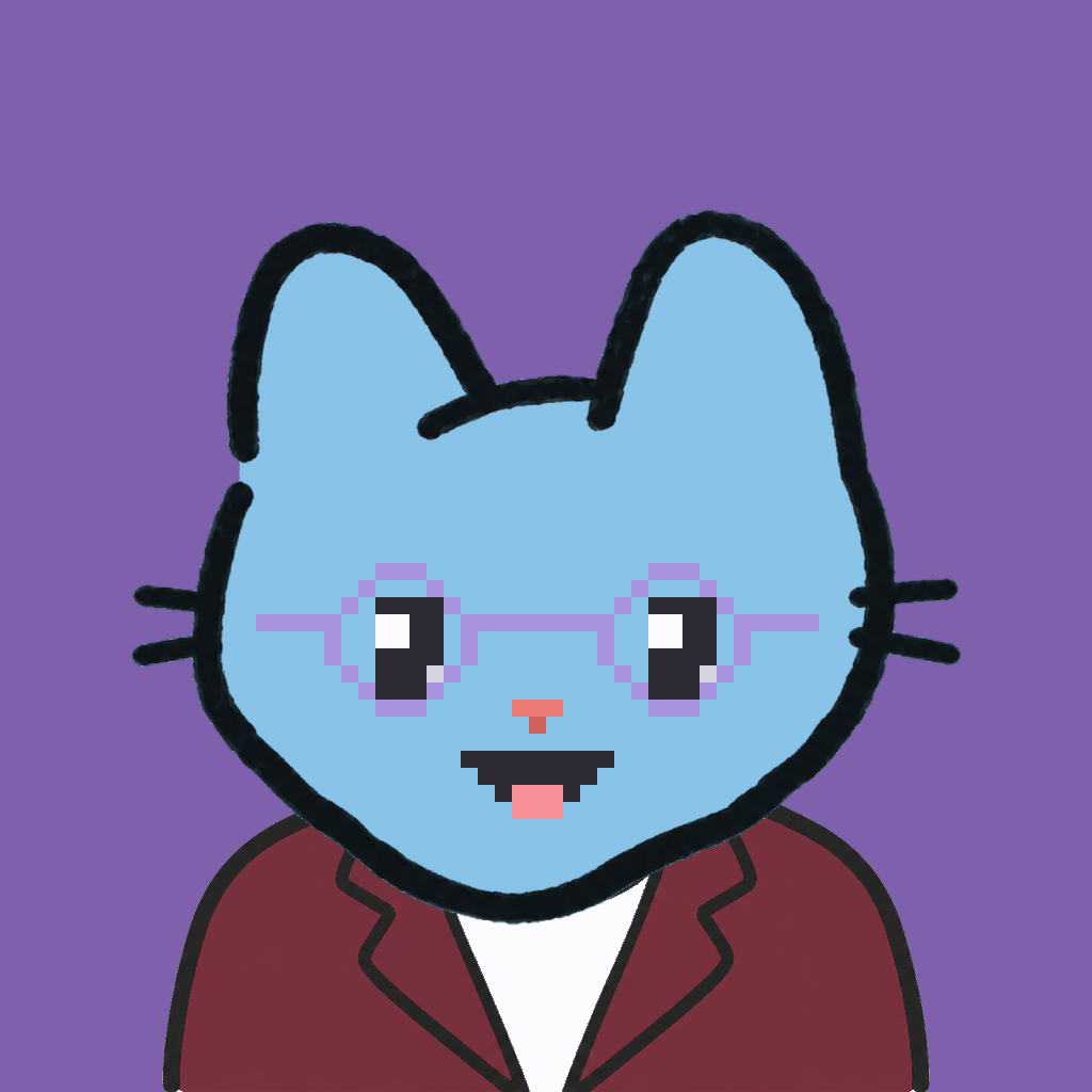 Employee #2425 — a sky cat, in a burgundy suit, wearing round-lavender glasses, on plasma violet