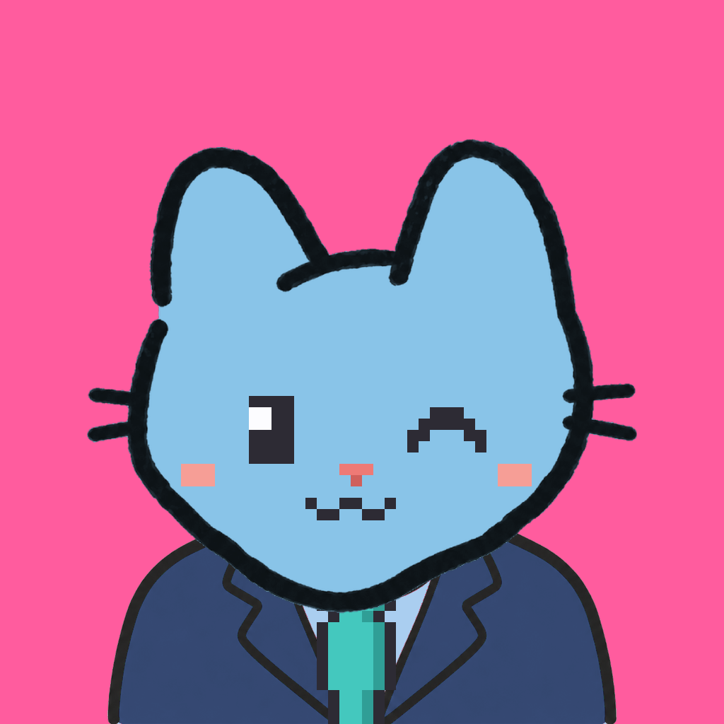 Employee #2426 — a sky cat, in a navy suit, with a teal tie, on hot pink