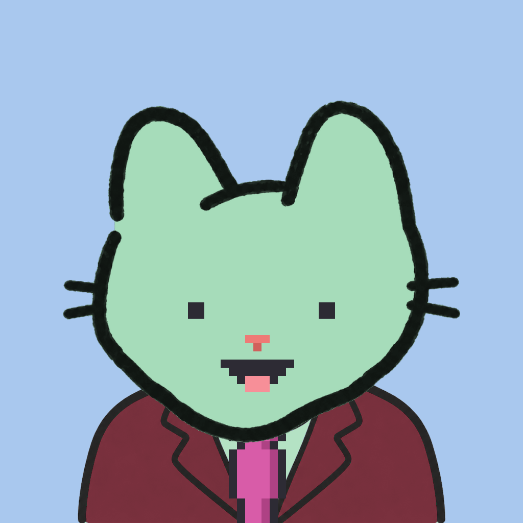 Employee #2427 — a mint cat, in a burgundy suit, with a magenta tie, on sky