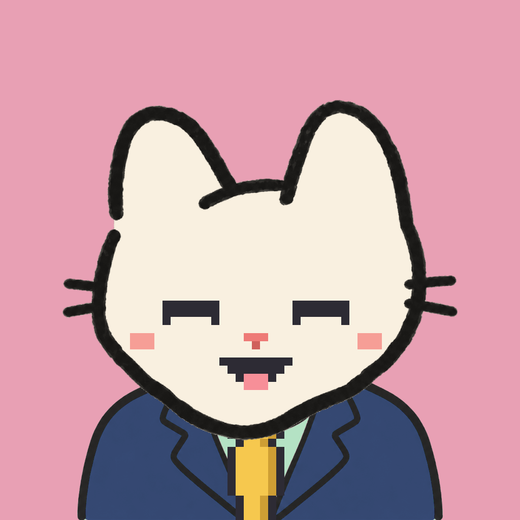 Employee #2428 — a cream cat, in a navy suit, with a gold tie, on rose