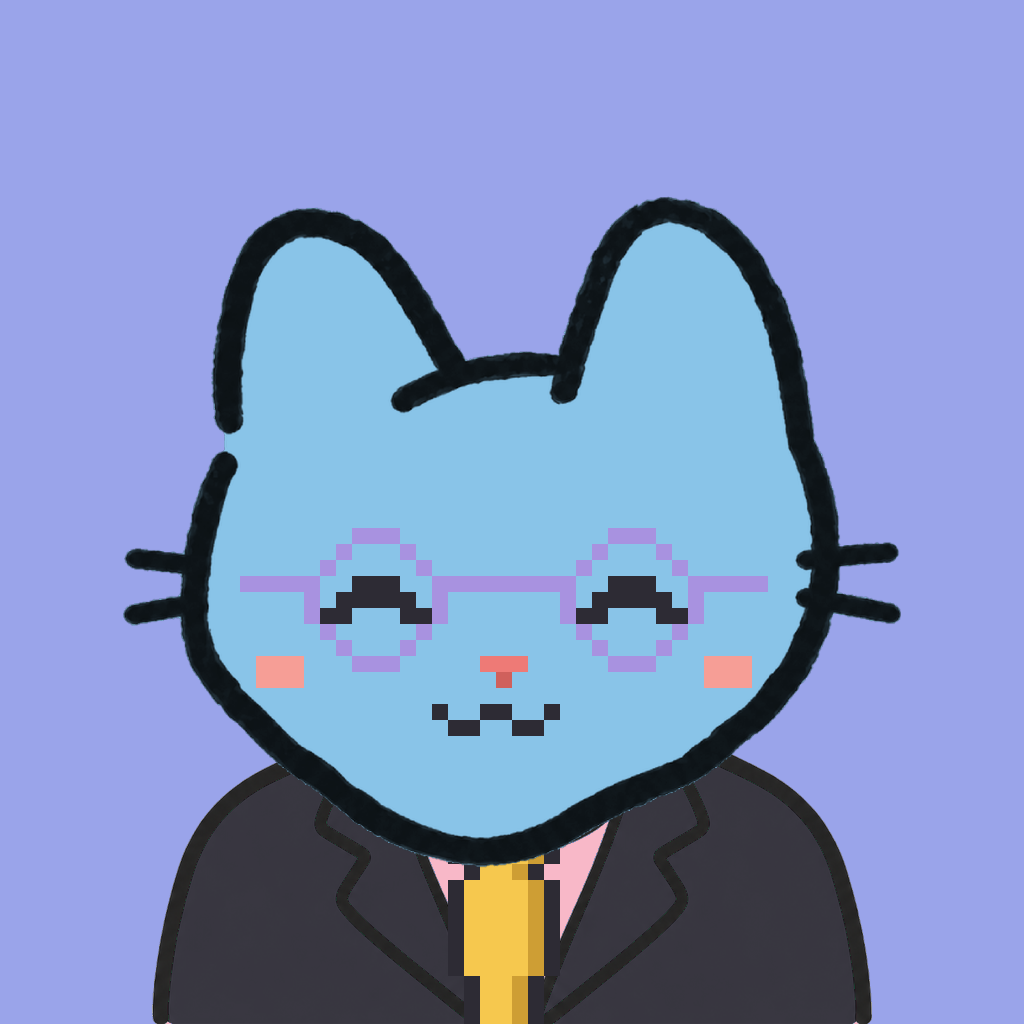 Employee #2429 — a sky cat, in a black suit, with a gold tie, wearing round-lavender glasses, on periwinkle