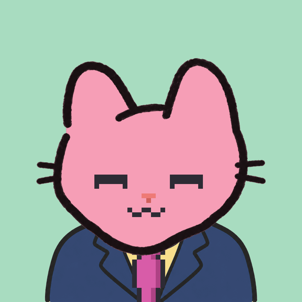 Employee #0243 — a pink cat, in a navy suit, with a magenta tie, on mint