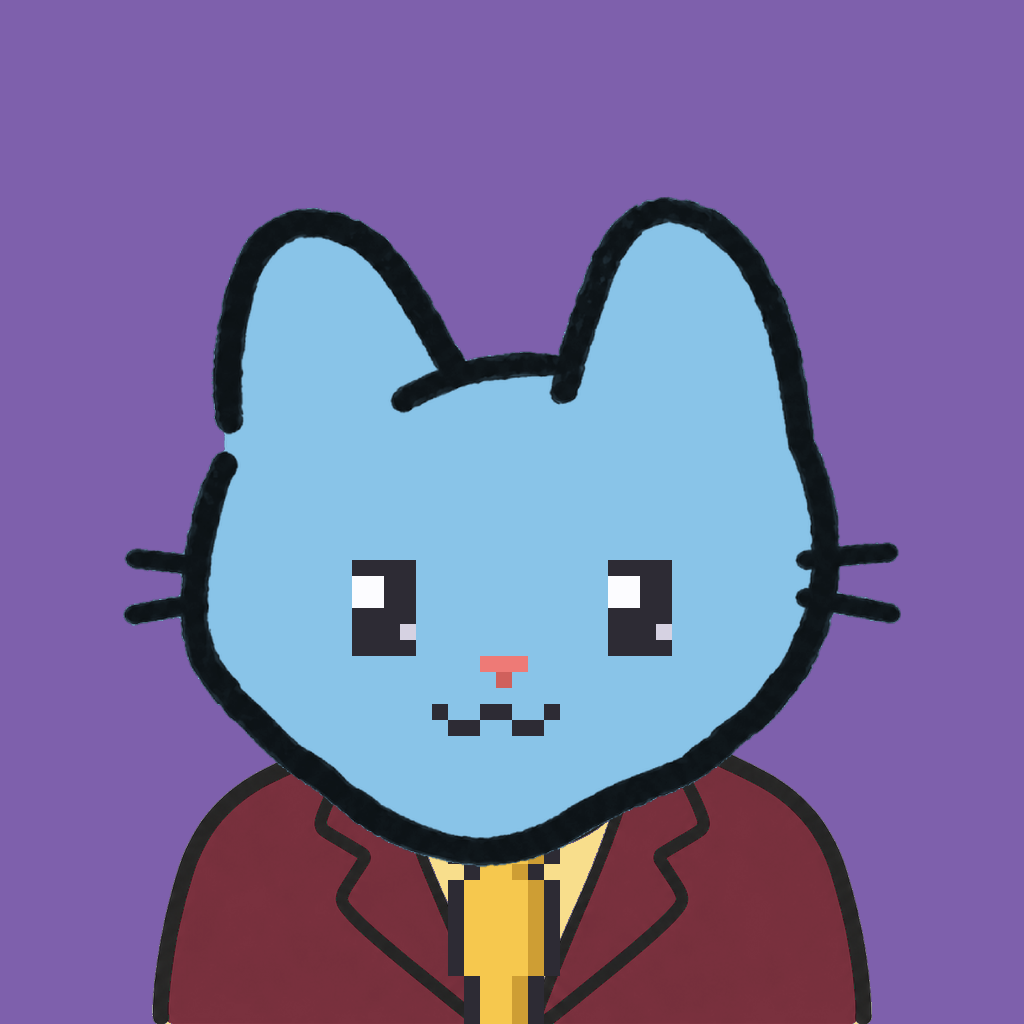 Employee #2430 — a sky cat, in a burgundy suit, with a gold tie, on plasma violet