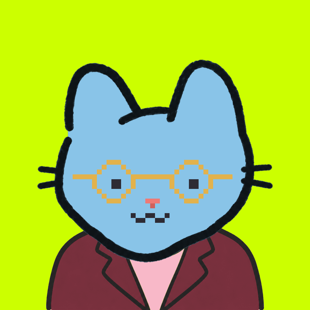 Employee #2432 — a sky cat, in a burgundy suit, wearing round-gold glasses, on volt