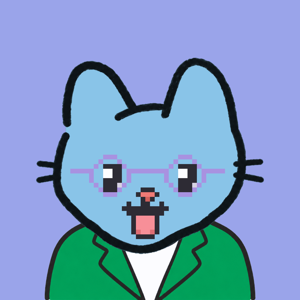 Employee #2433 — a sky cat, in a green suit, wearing round-lavender glasses, on periwinkle