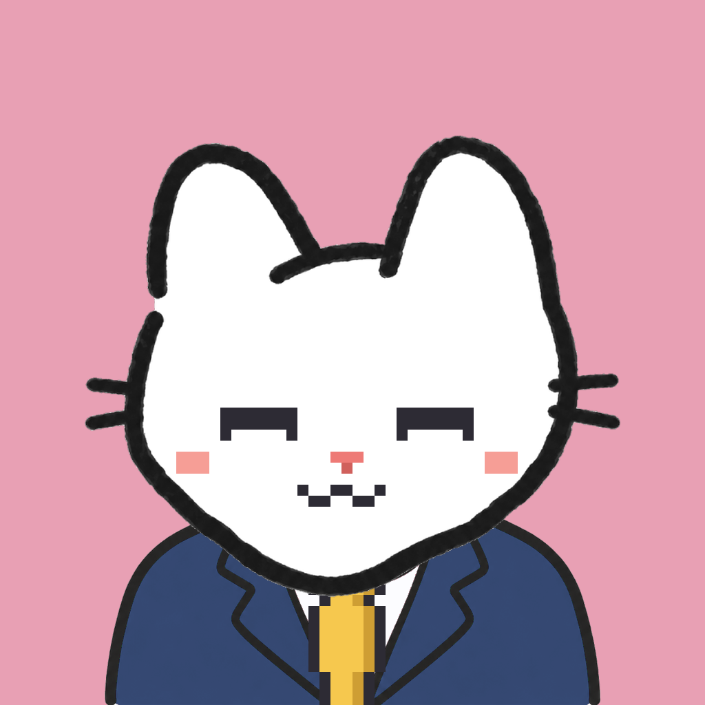 Employee #2434 — a white cat, in a navy suit, with a gold tie, on rose