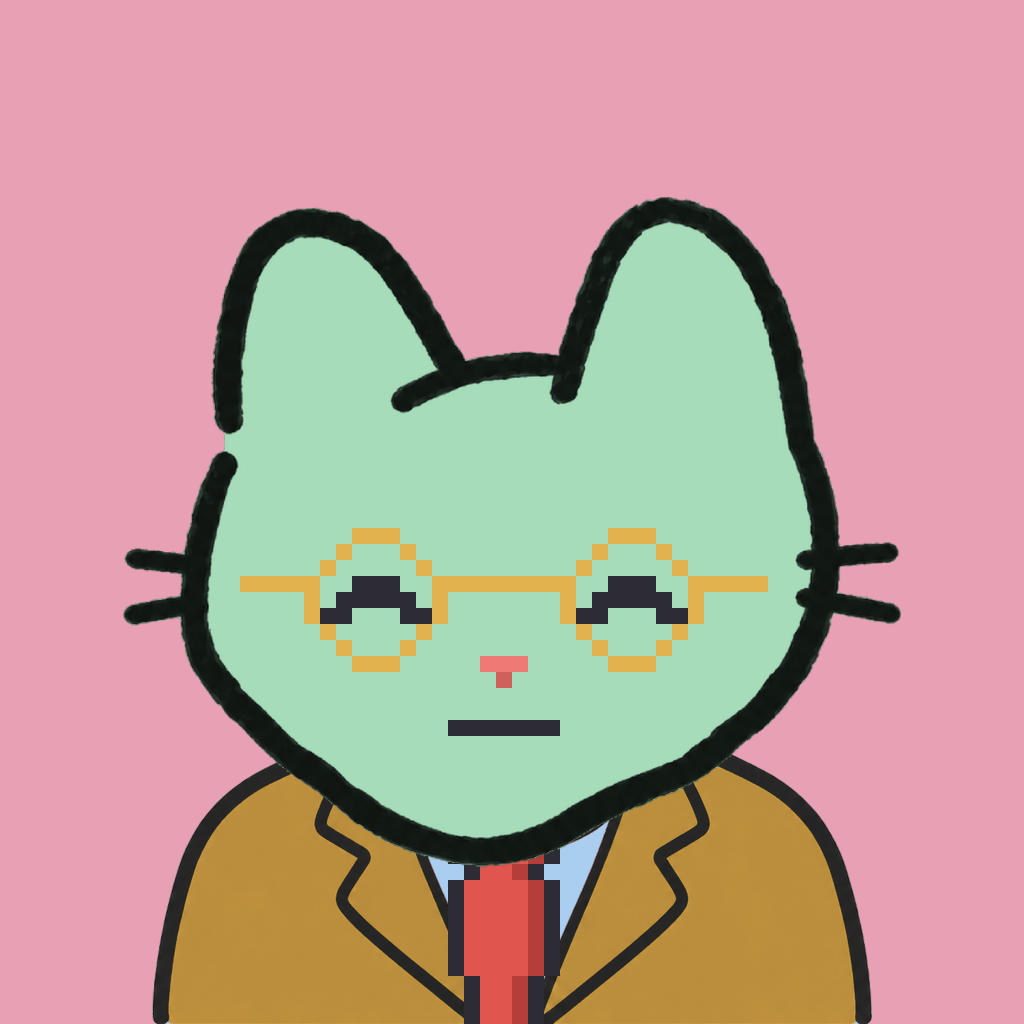 Employee #2435 — a mint cat, in a mustard suit, with a red tie, wearing round-gold glasses, on rose