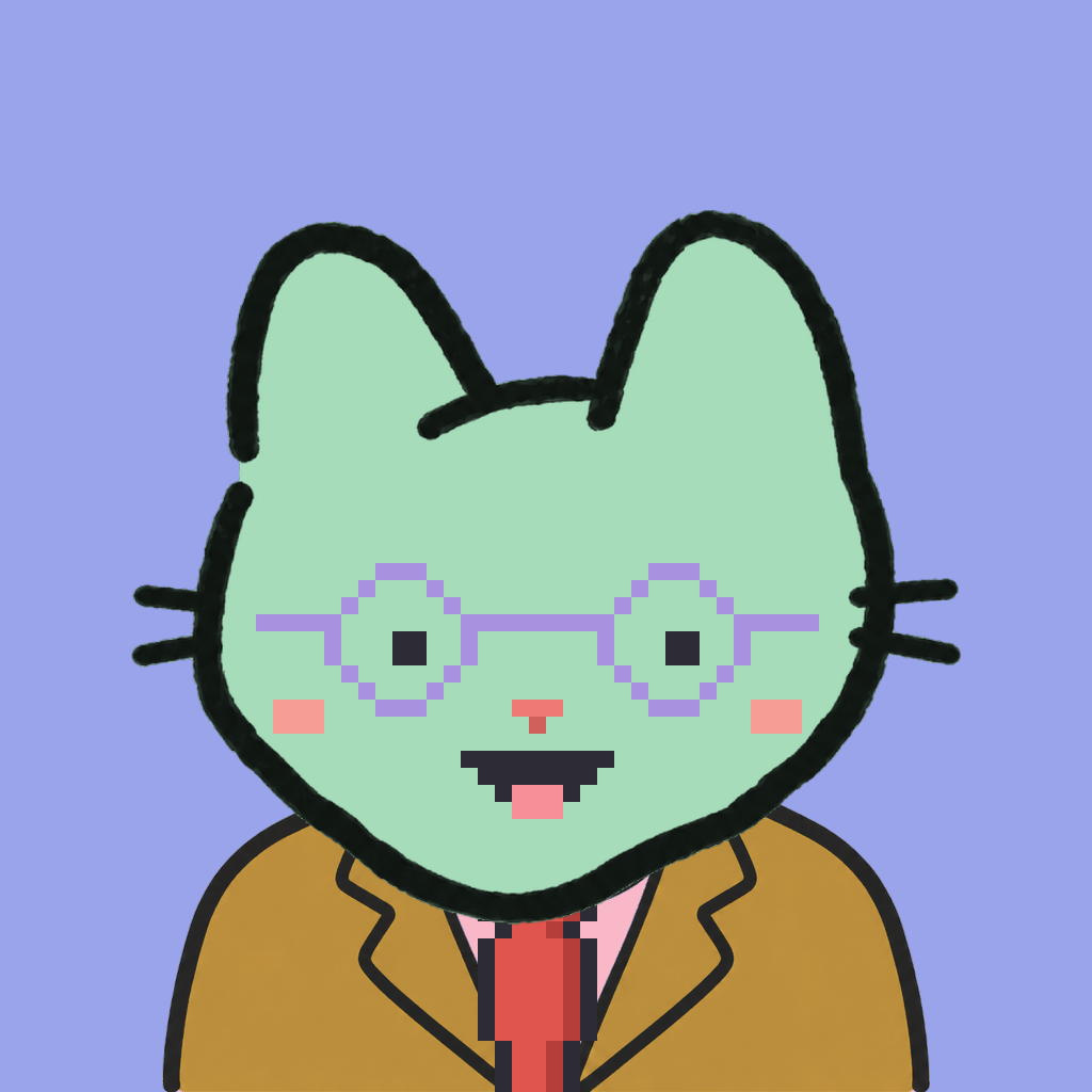 Employee #2436 — a mint cat, in a mustard suit, with a red tie, wearing round-lavender glasses, on periwinkle