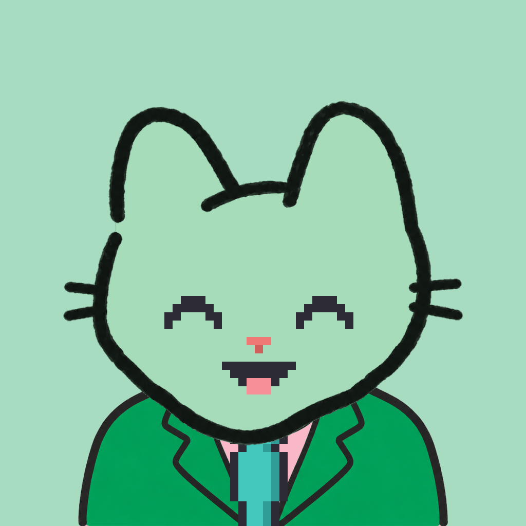 Employee #2437 — a mint cat, in a green suit, with a teal tie, on mint