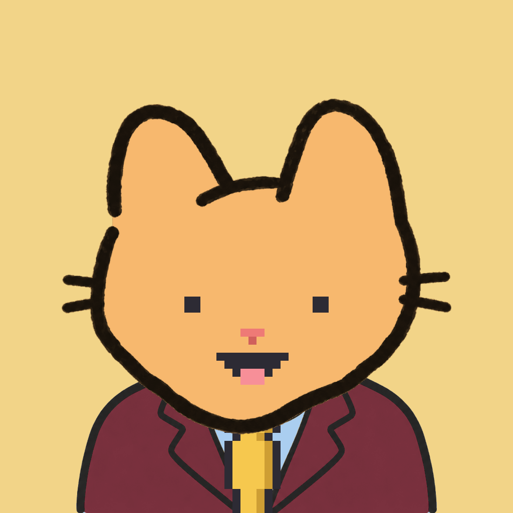 Employee #2438 — a tabby cat, in a burgundy suit, with a gold tie, on butter