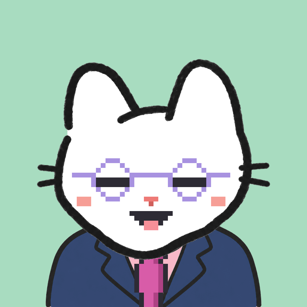 Employee #2439 — a white cat, in a navy suit, with a magenta tie, wearing round-lavender glasses, on mint