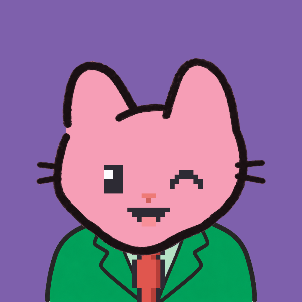 Employee #0244 — a pink cat, in a green suit, with a red tie, on plasma violet
