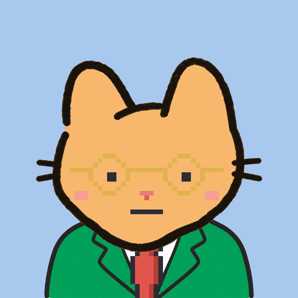 Employee #2440 — a tabby cat, in a green suit, with a red tie, wearing round-gold glasses, on sky