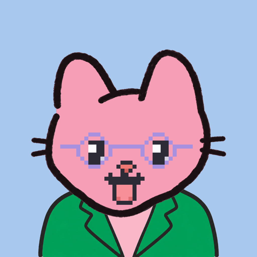 Employee #2441 — a pink cat, in a green suit, wearing round-lavender glasses, on sky