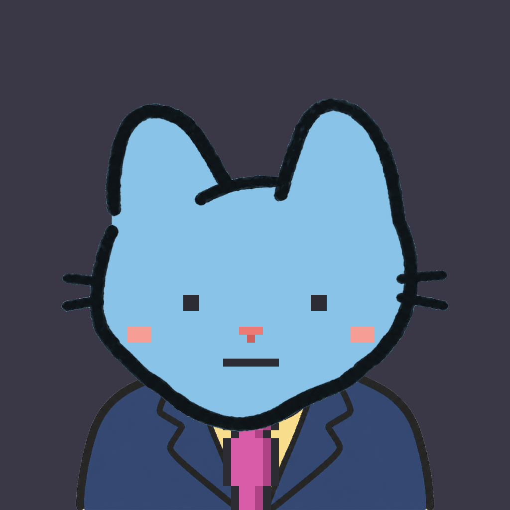 Employee #2442 — a sky cat, in a navy suit, with a magenta tie, on charcoal