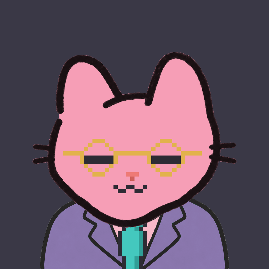 Employee #2443 — a pink cat, in a lavender suit, with a teal tie, wearing round-gold glasses, on charcoal