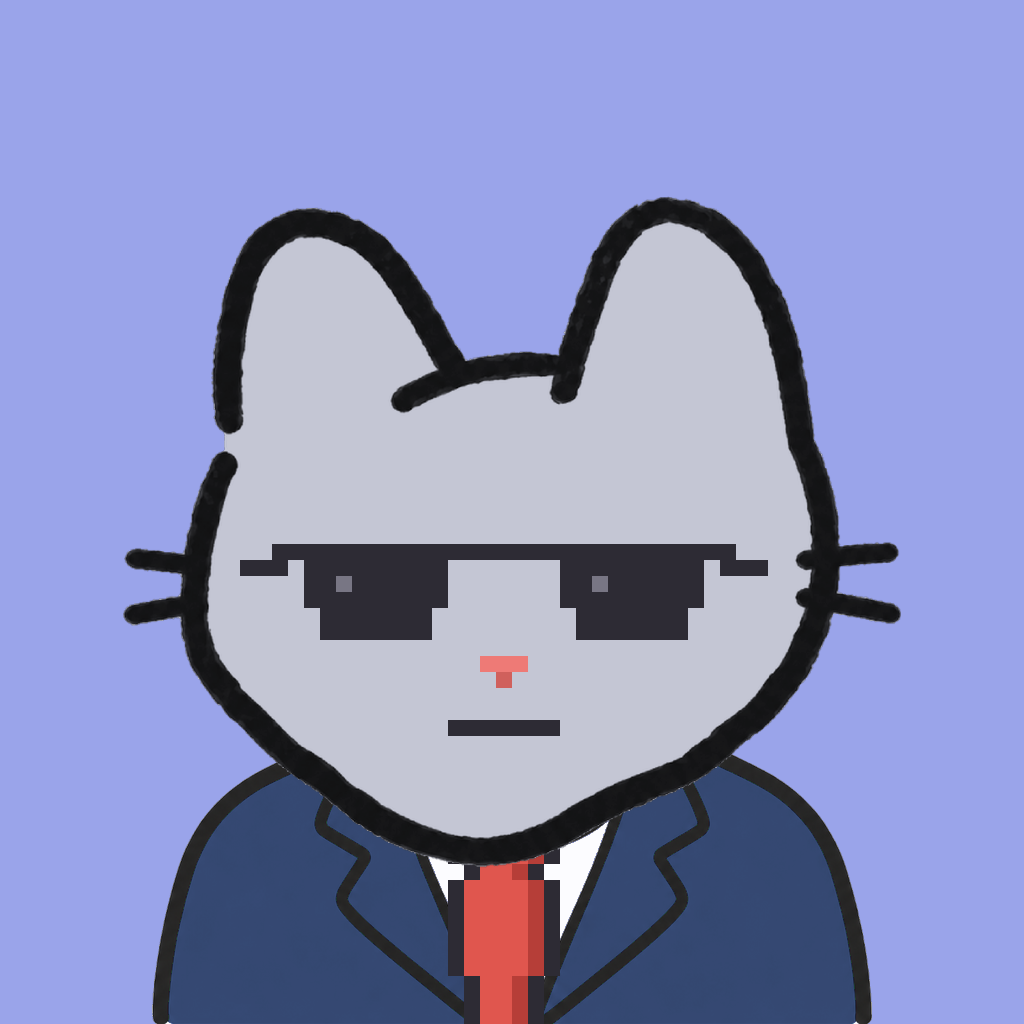 Employee #2444 — a gray cat, in a navy suit, with a red tie, wearing shades glasses, on periwinkle