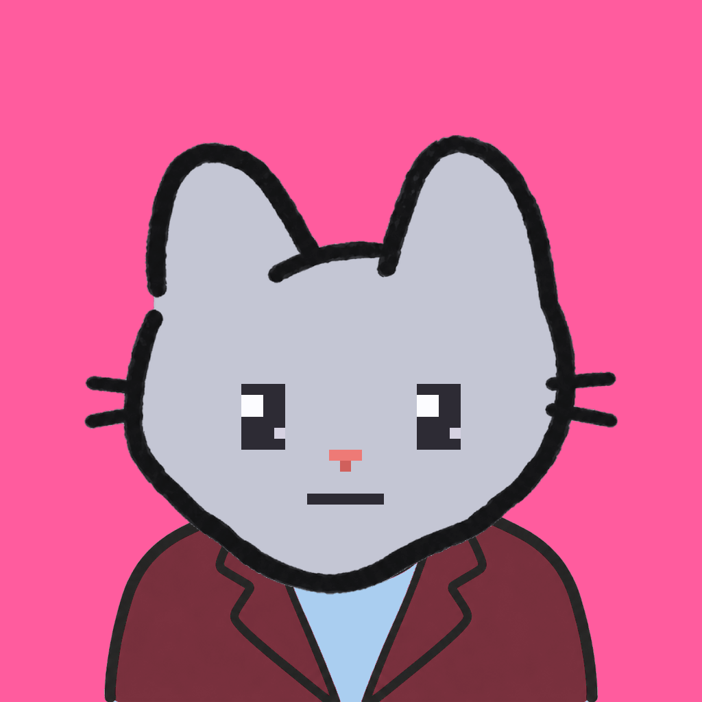 Employee #2445 — a gray cat, in a burgundy suit, on hot pink