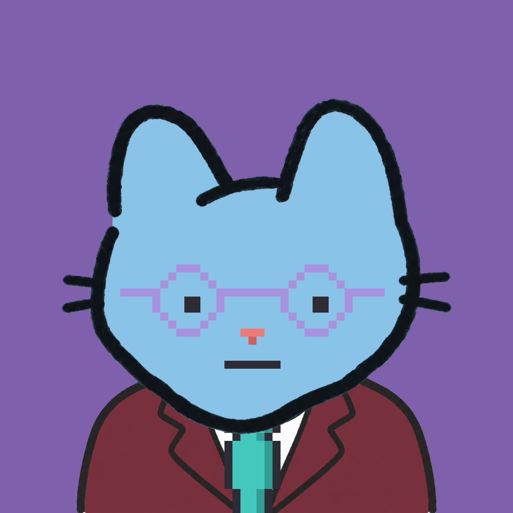 Employee #2446 — a sky cat, in a burgundy suit, with a teal tie, wearing round-lavender glasses, on plasma violet