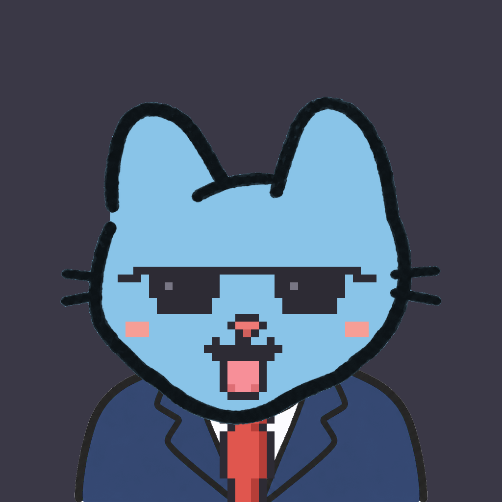 Employee #2447 — a sky cat, in a navy suit, with a red tie, wearing shades glasses, on charcoal