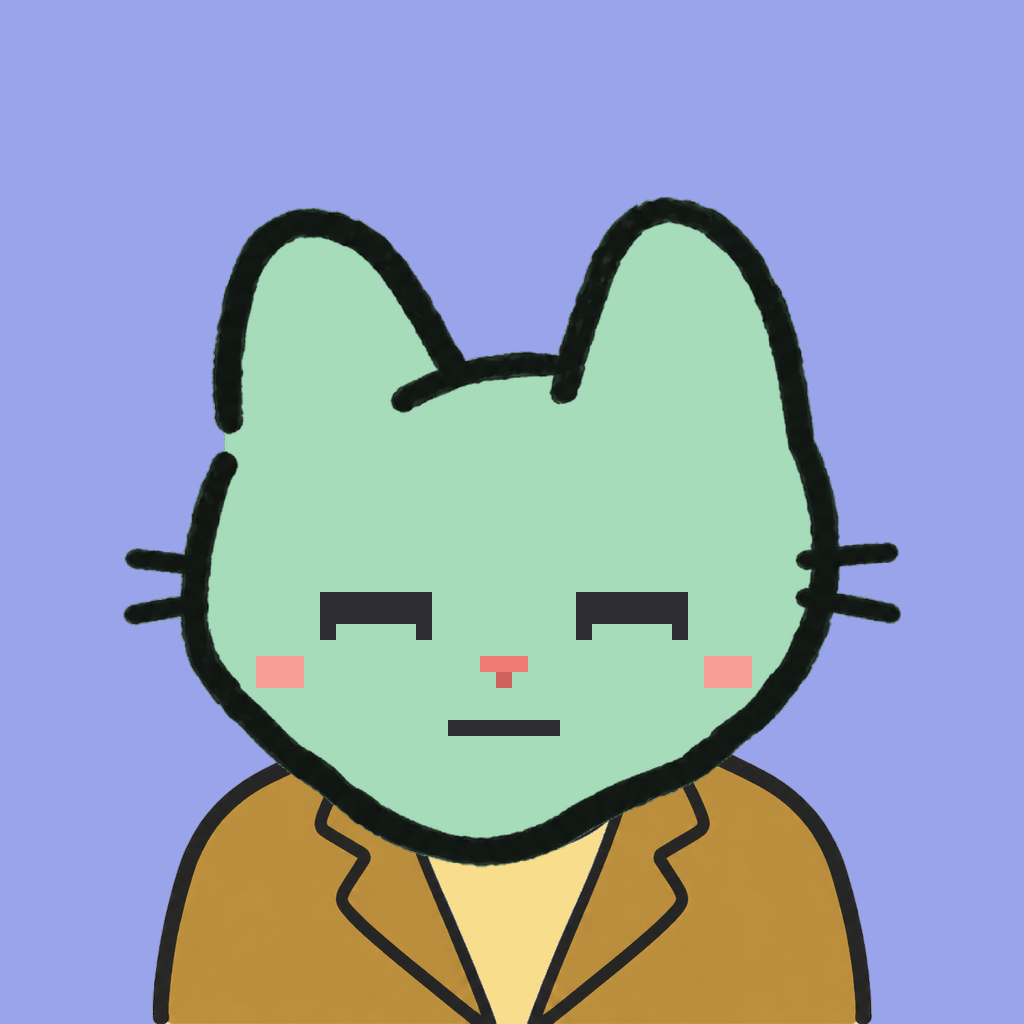 Employee #2449 — a mint cat, in a mustard suit, on periwinkle