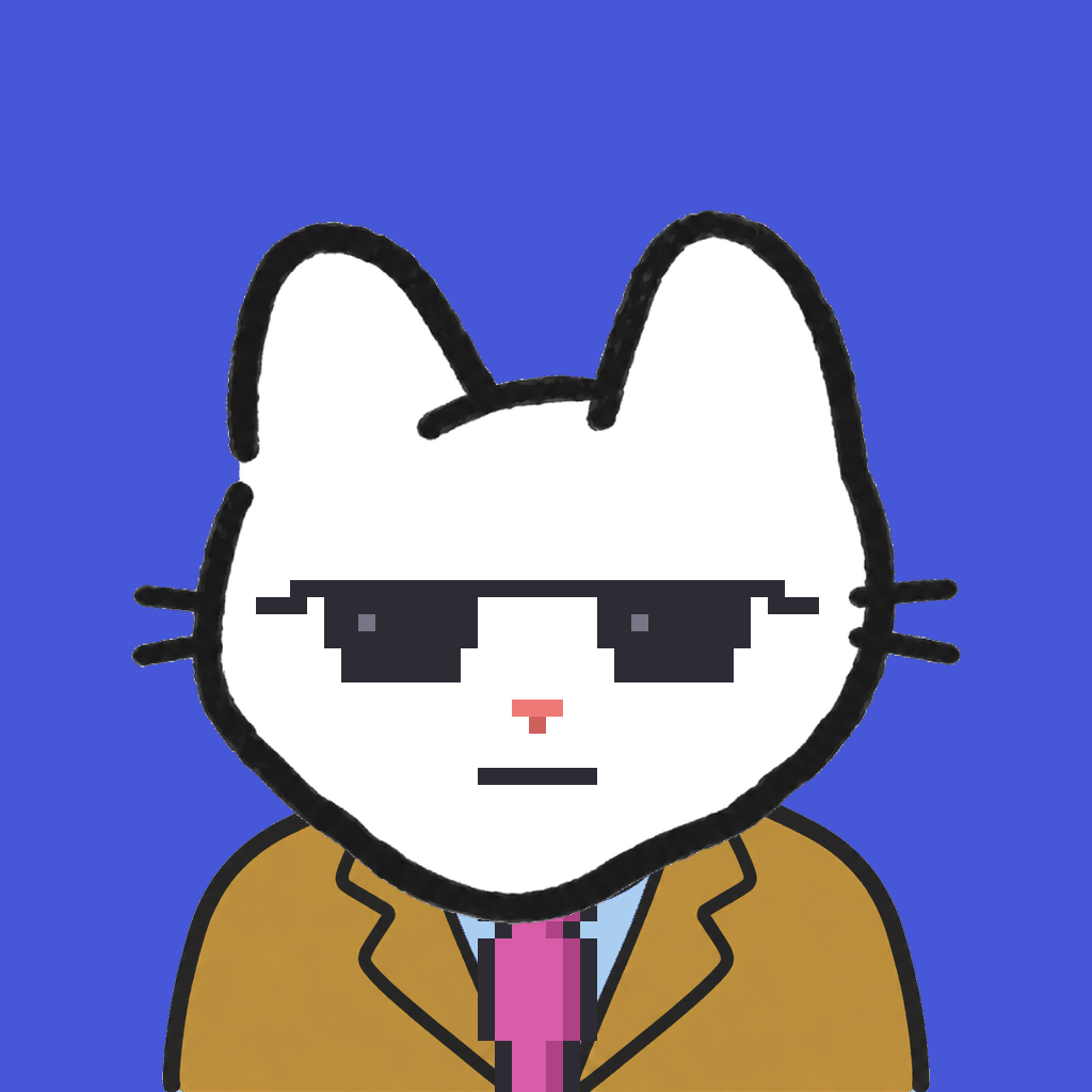 Employee #0245 — a white cat, in a mustard suit, with a magenta tie, wearing shades glasses, on royal