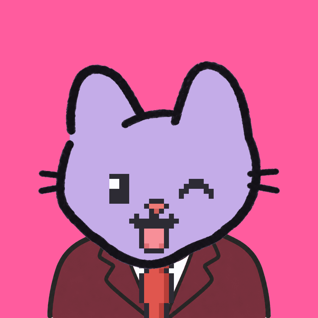 Employee #2450 — a lavender cat, in a burgundy suit, with a red tie, on hot pink