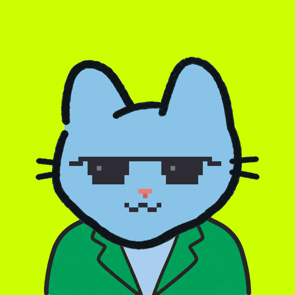 Employee #2451 — a sky cat, in a green suit, wearing shades glasses, on volt