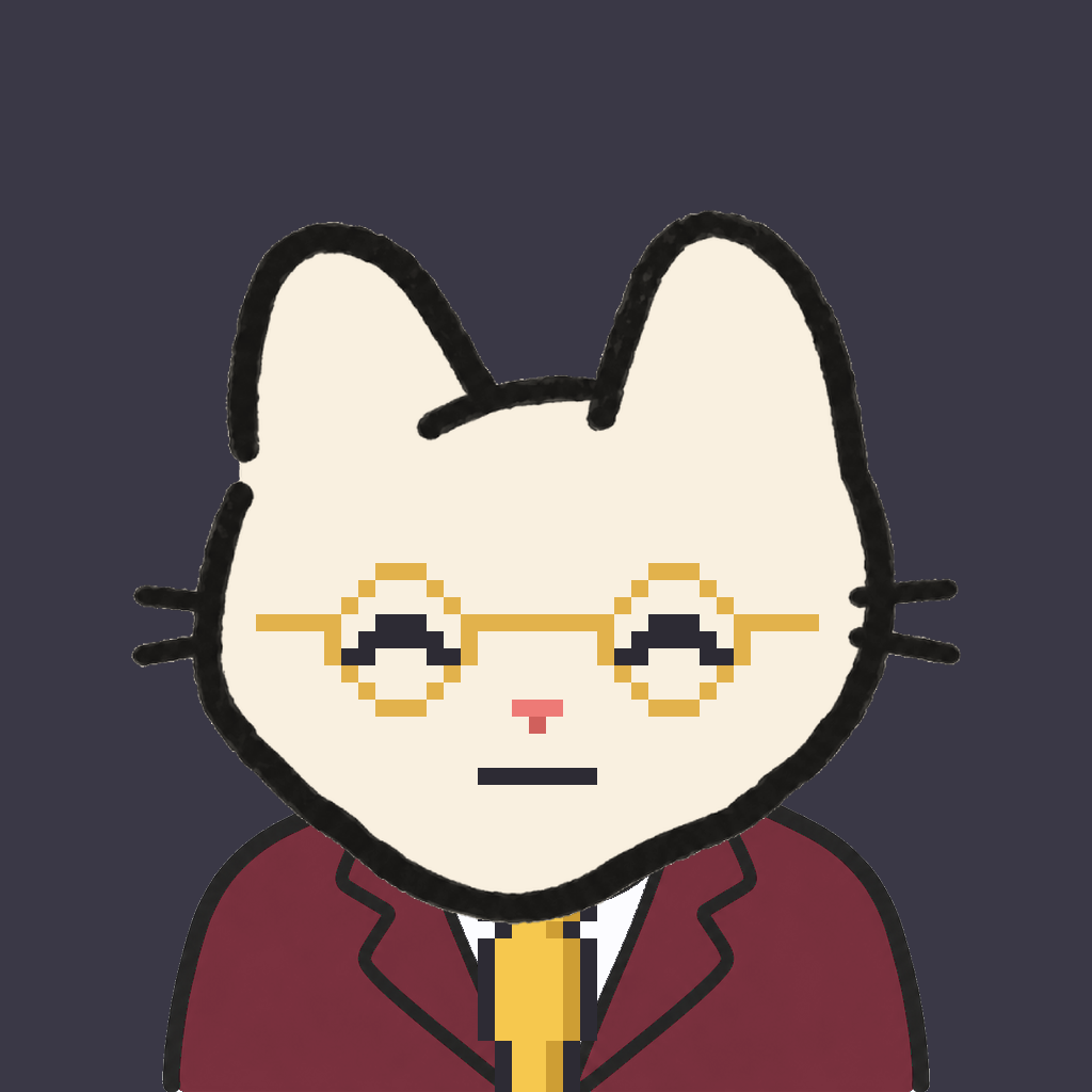 Employee #2452 — a cream cat, in a burgundy suit, with a gold tie, wearing round-gold glasses, on charcoal