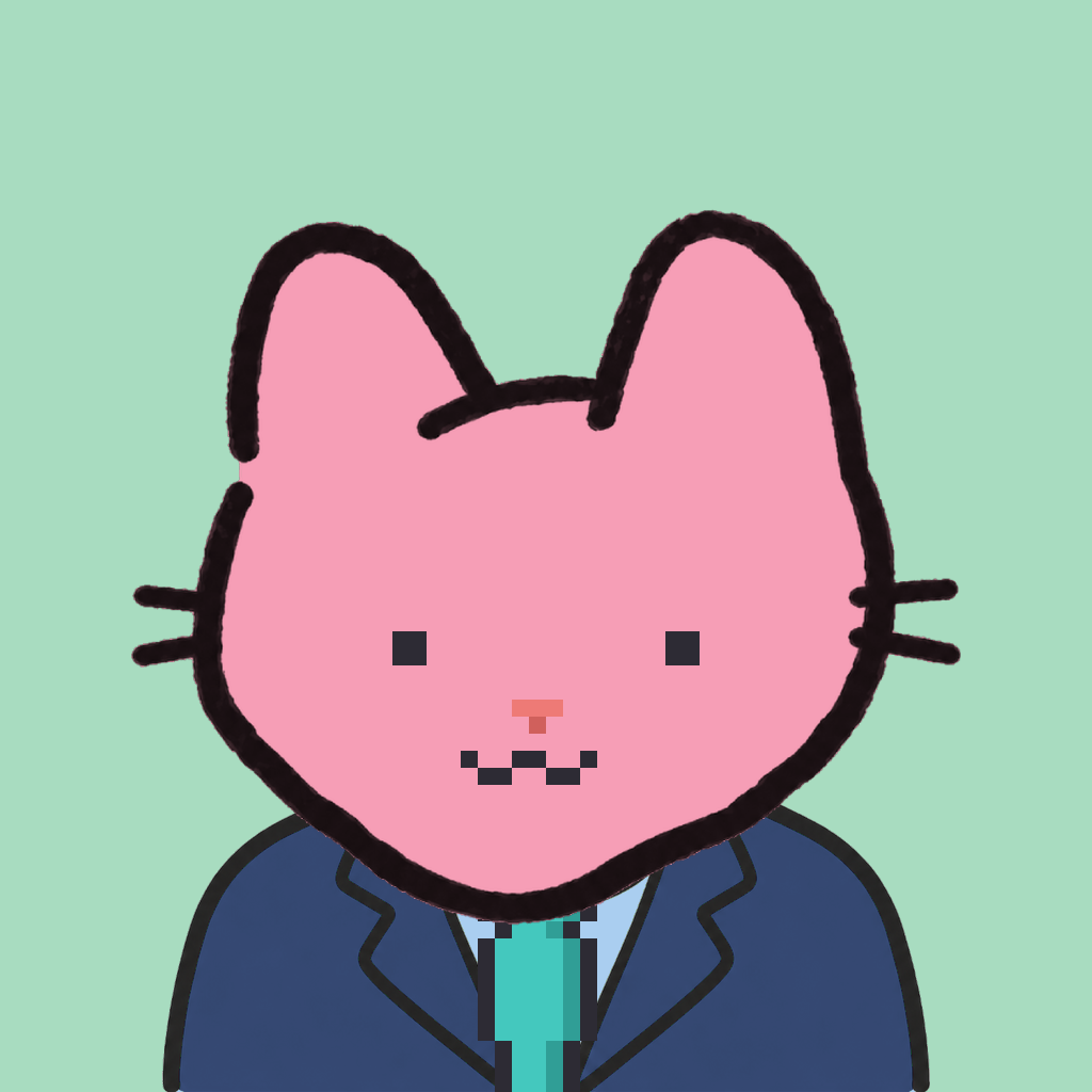 Employee #2453 — a pink cat, in a navy suit, with a teal tie, on mint