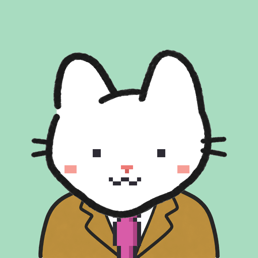Employee #2454 — a white cat, in a mustard suit, with a magenta tie, on mint