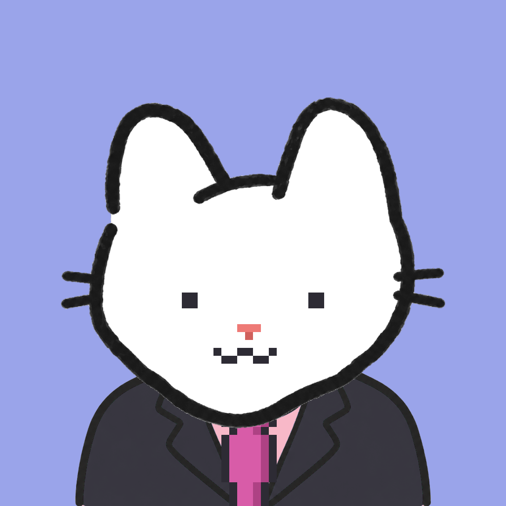 Employee #2455 — a white cat, in a black suit, with a magenta tie, on periwinkle