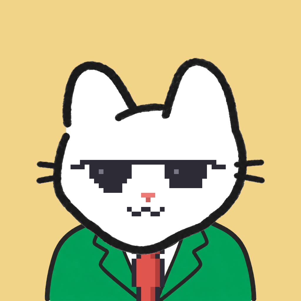Employee #2456 — a white cat, in a green suit, with a red tie, wearing shades glasses, on butter