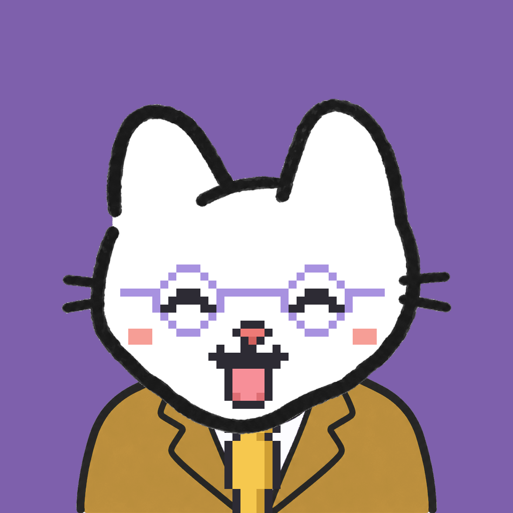 Employee #2457 — a white cat, in a mustard suit, with a gold tie, wearing round-lavender glasses, on plasma violet
