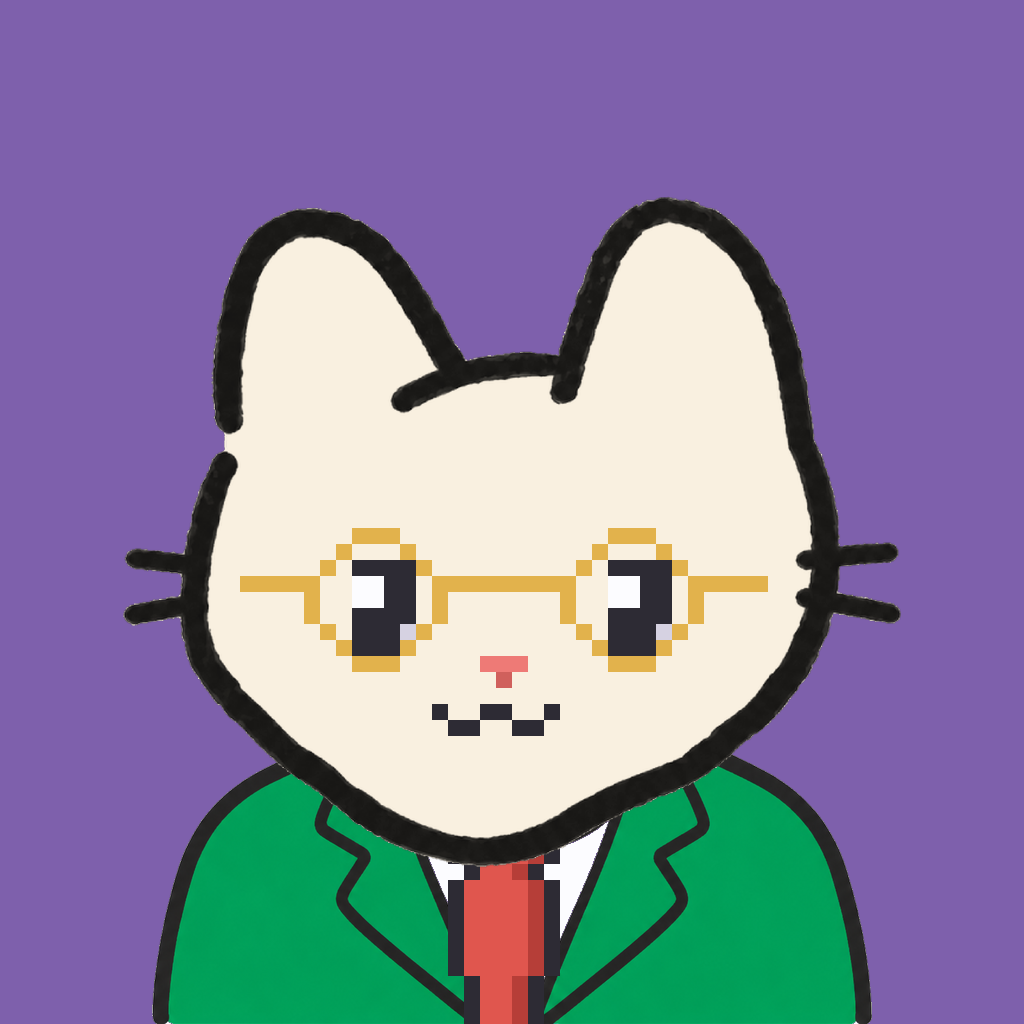 Employee #2458 — a cream cat, in a green suit, with a red tie, wearing round-gold glasses, on plasma violet