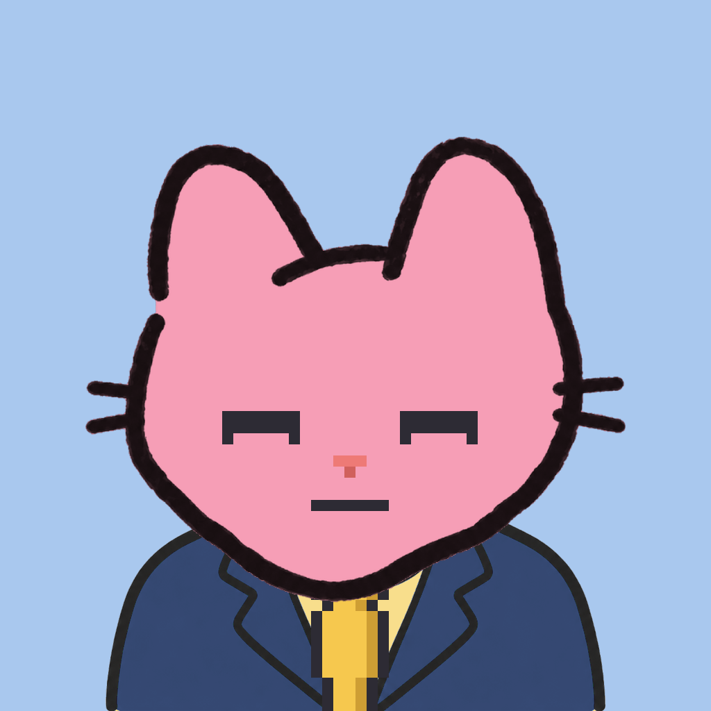 Employee #2459 — a pink cat, in a navy suit, with a gold tie, on sky