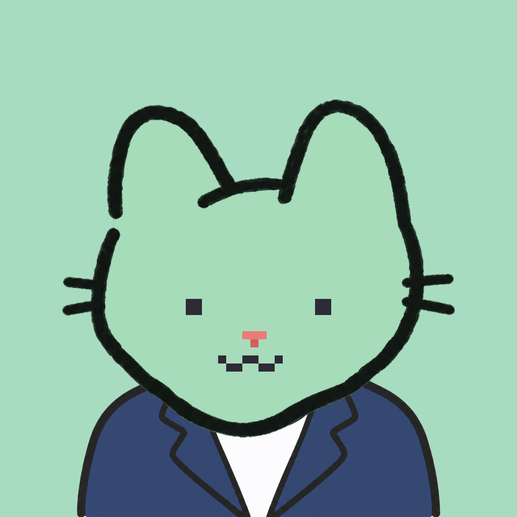 Employee #0246 — a mint cat, in a navy suit, on mint