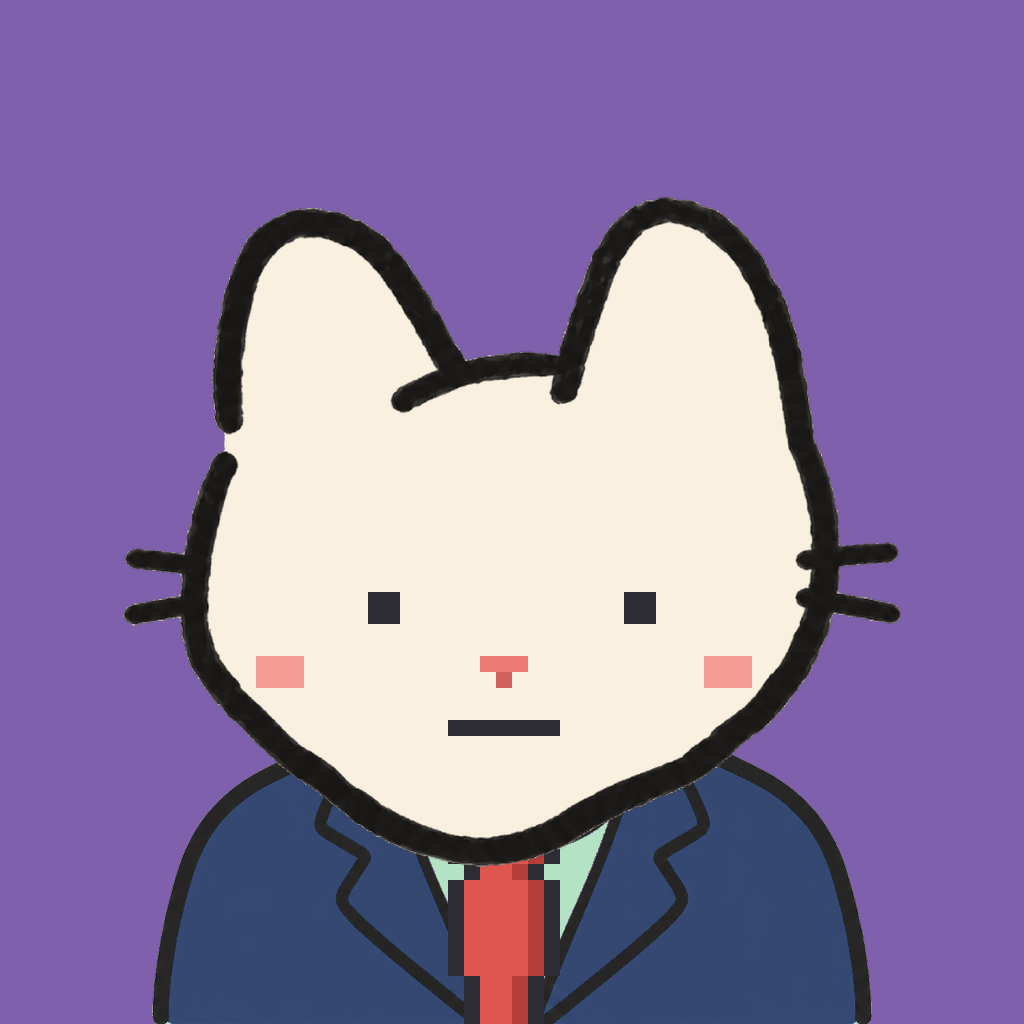 Employee #2460 — a cream cat, in a navy suit, with a red tie, on plasma violet
